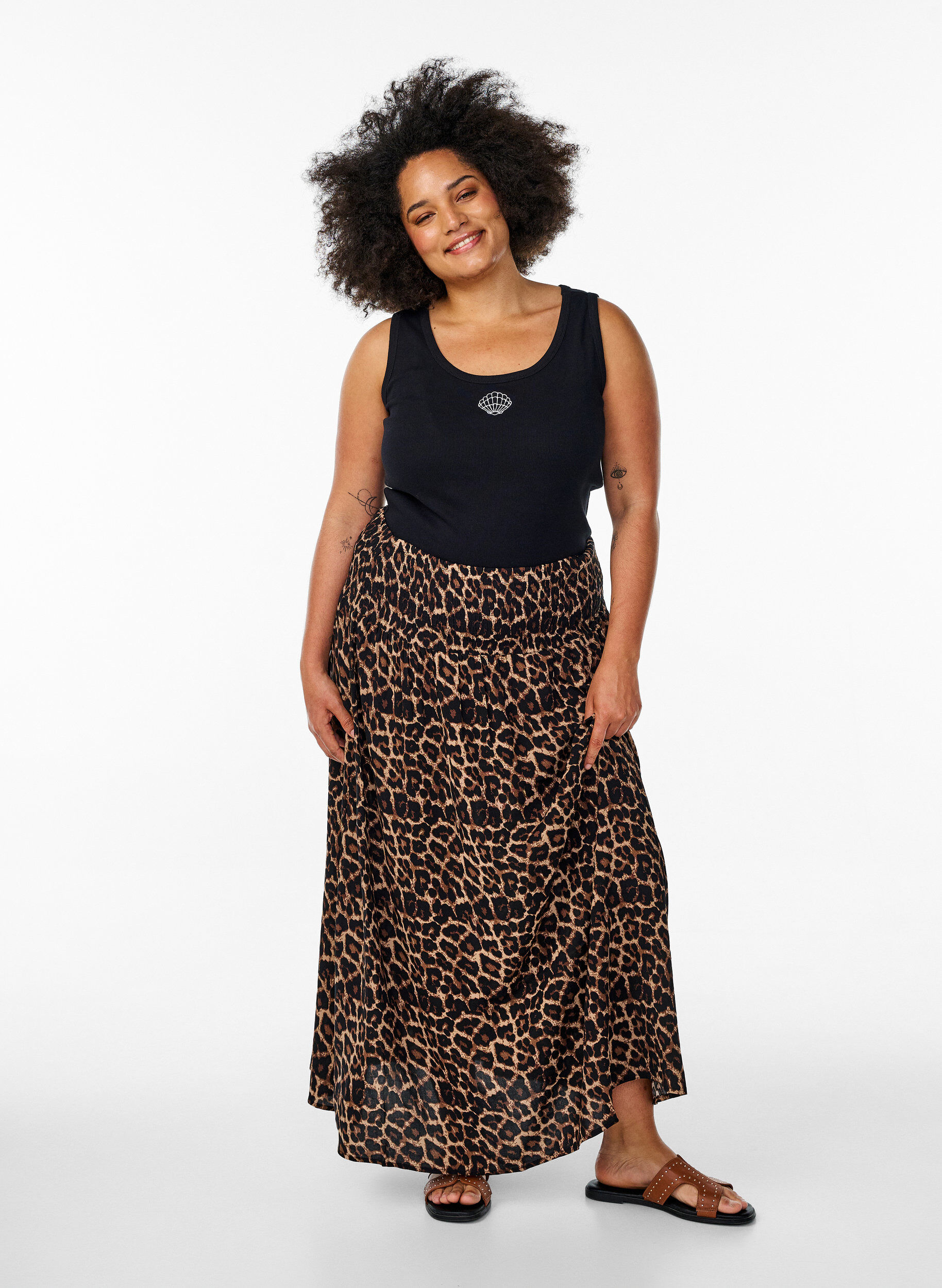 Zizzifashion Viscose maxi skirt with smocking, Brown, Model image number 0