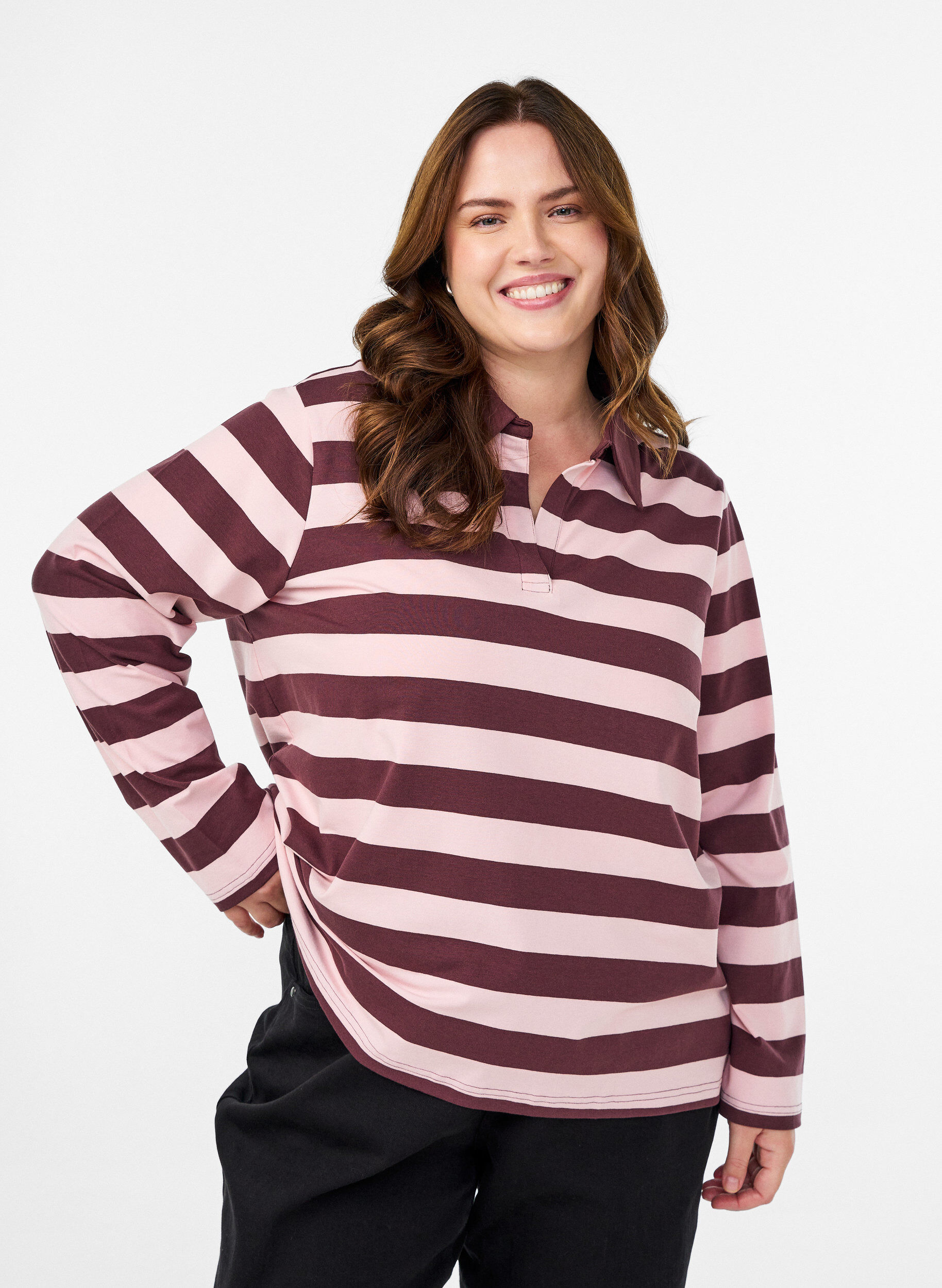 Long-sleeved polo shirt with wide stripes, Brown, Model