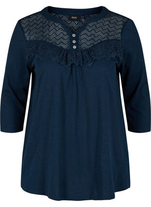 Blouse in organic cotton with lace, Night Sky, Packshot image number 0