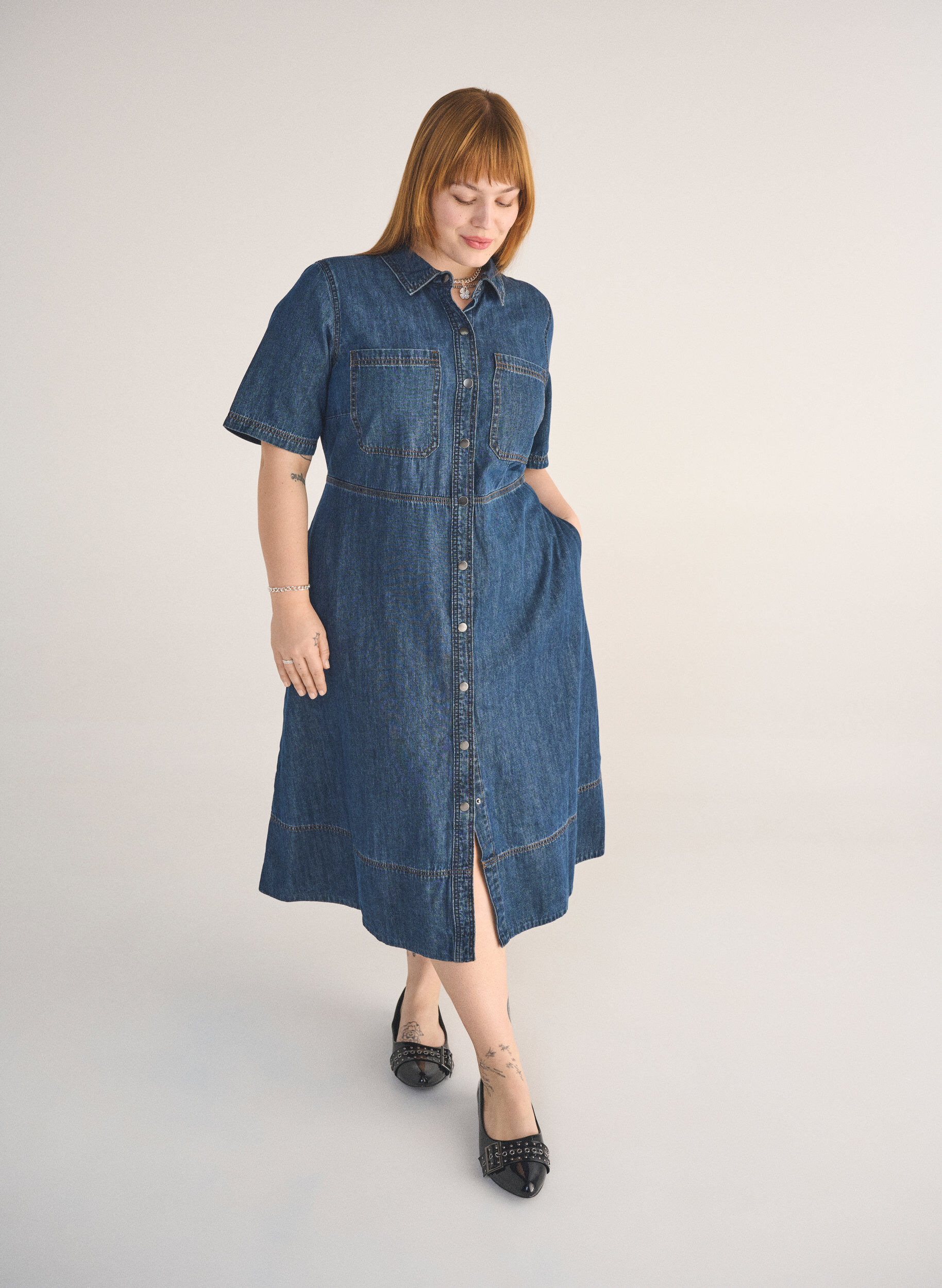 Zizzifashion Denim shirt dress with short sleeves, Blue, Image image number 0