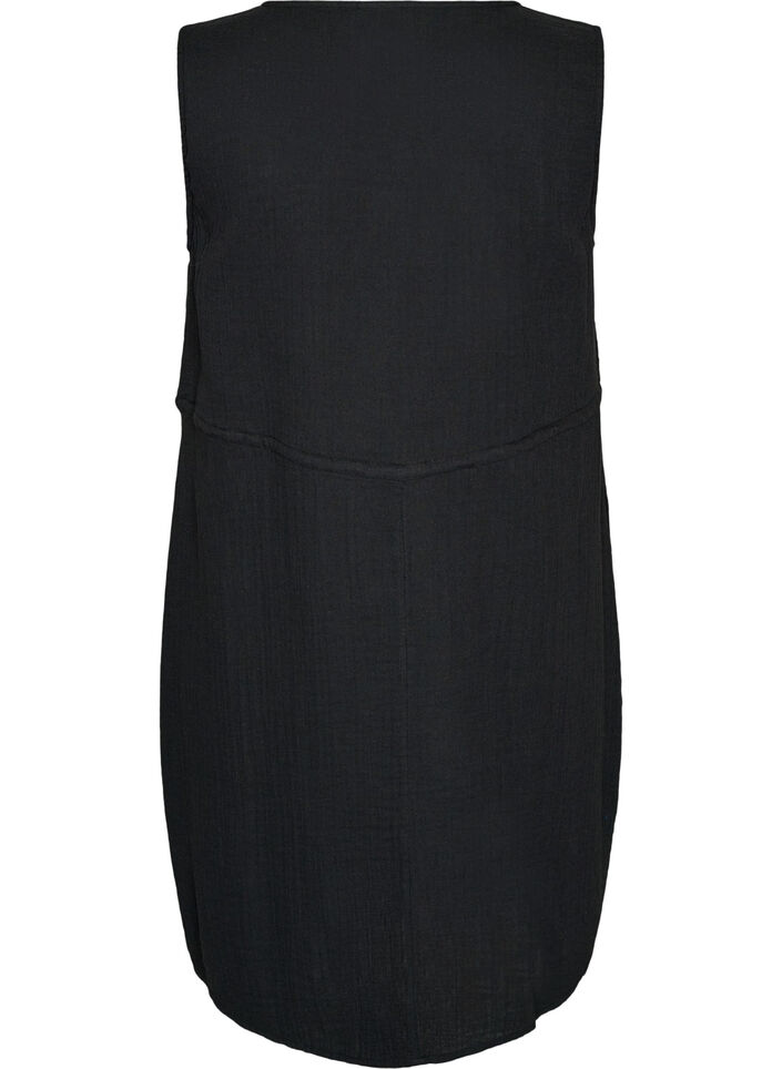 Sleeveless cotton muslin dress with tie string, Black, Packshot image number 1