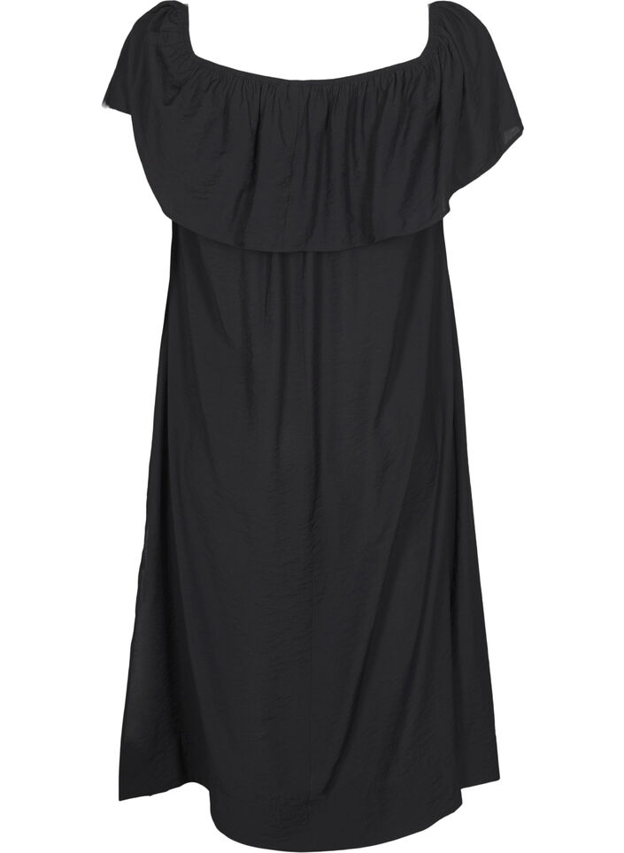 Midi-length dress with ruffled hem and slit, Black, Packshot image number 1