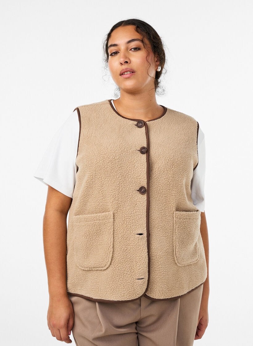 Teddy fleece vest with contrast trims, Beige, Model image number 0