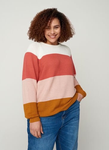Striped knitted blouse with a round neckline, Faded Rose Comb, Model image number 0