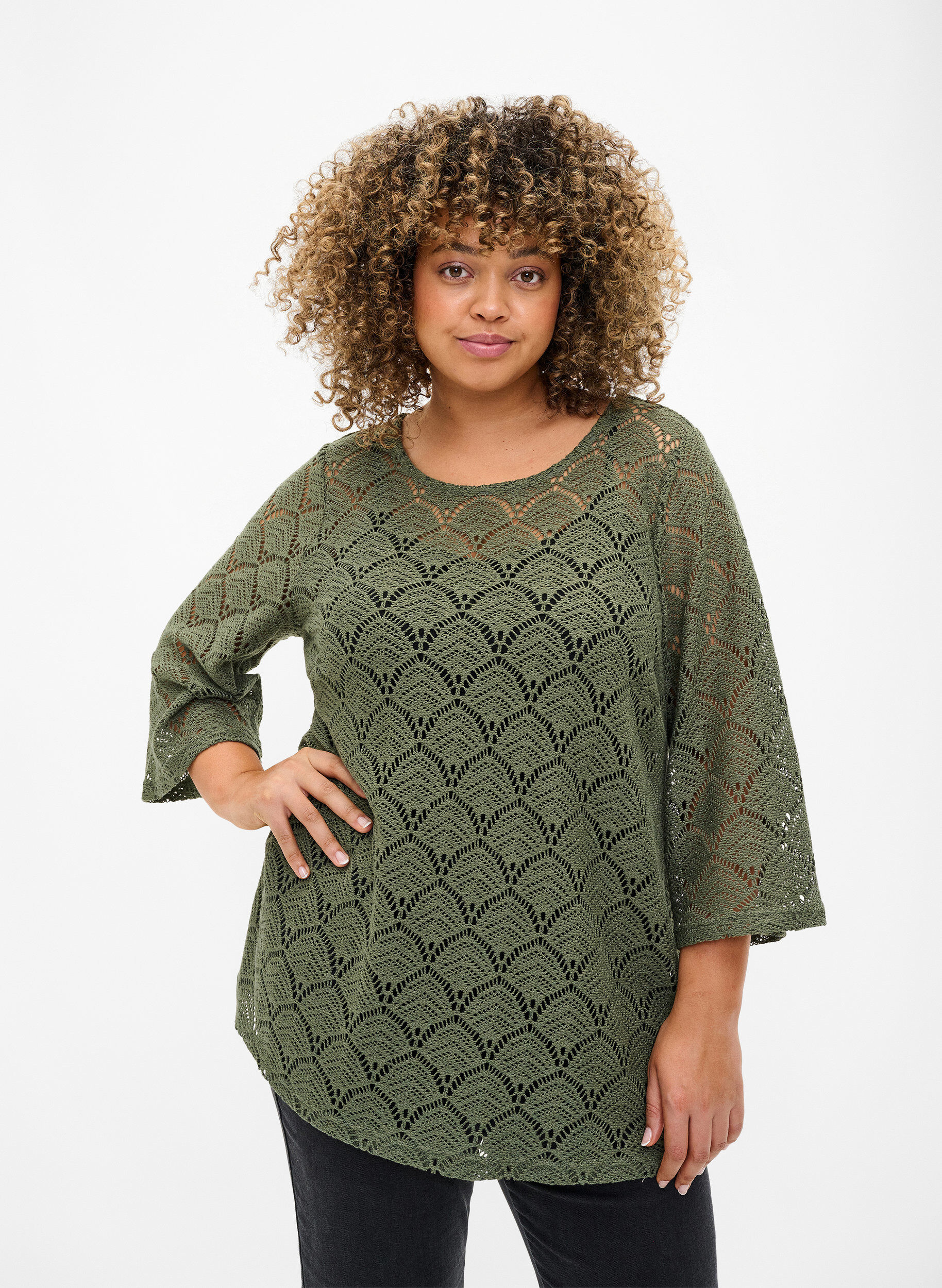 Zizzifashion Crochet blouse with 3/4 sleeves, Thyme, Model image number 0