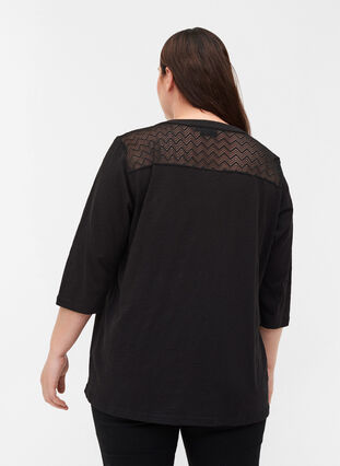 Blouse in organic cotton with lace, Black, Model image number 1