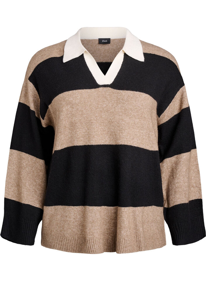 Knit blouse with collar and V-neckline, Black, Packshot image number 0