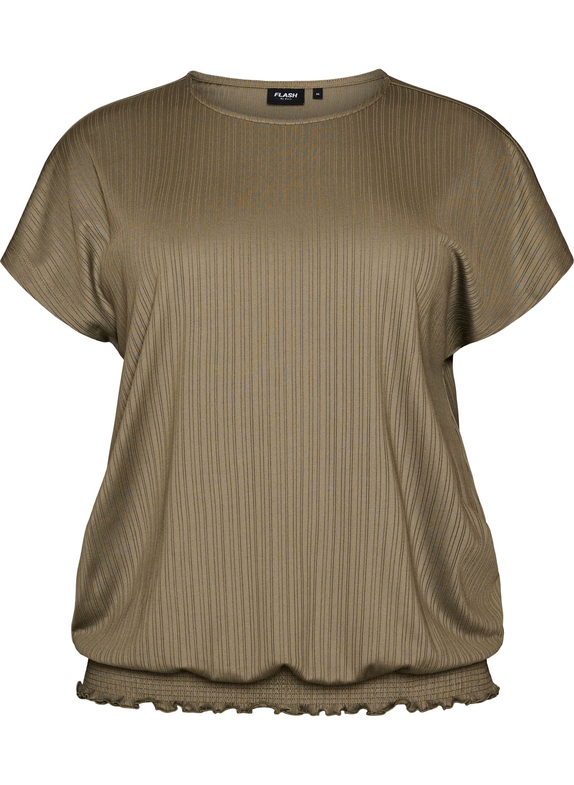 Zizzifashion Jersey blouse with textured stripes and a smocked hem, Brown, Packshot image number 0