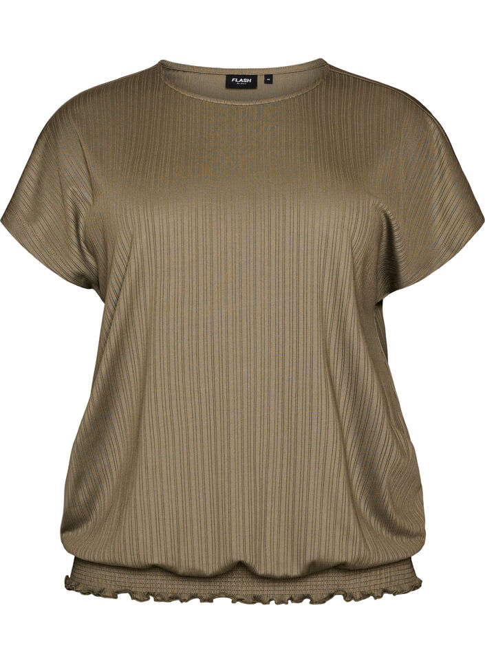 Jersey blouse with textured stripes and a smocked hem, Brown, Packshot image number 0