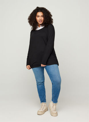 Plain-coloured blouse with long sleeves and collar, Black, Model image number 2