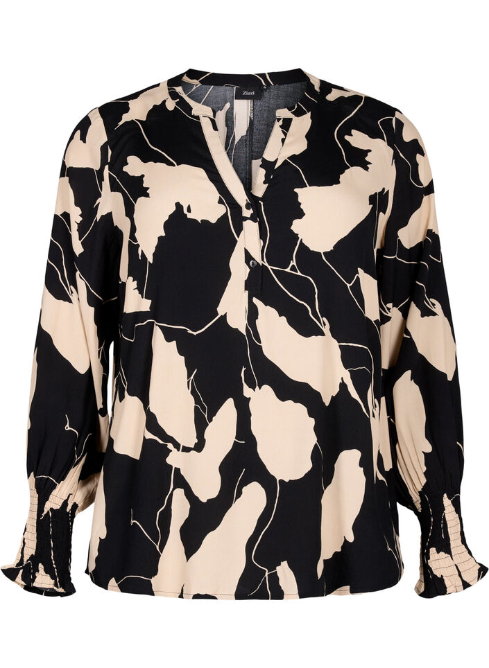 Printed viscose blouse with smock, Black AOP, Packshot image number 0