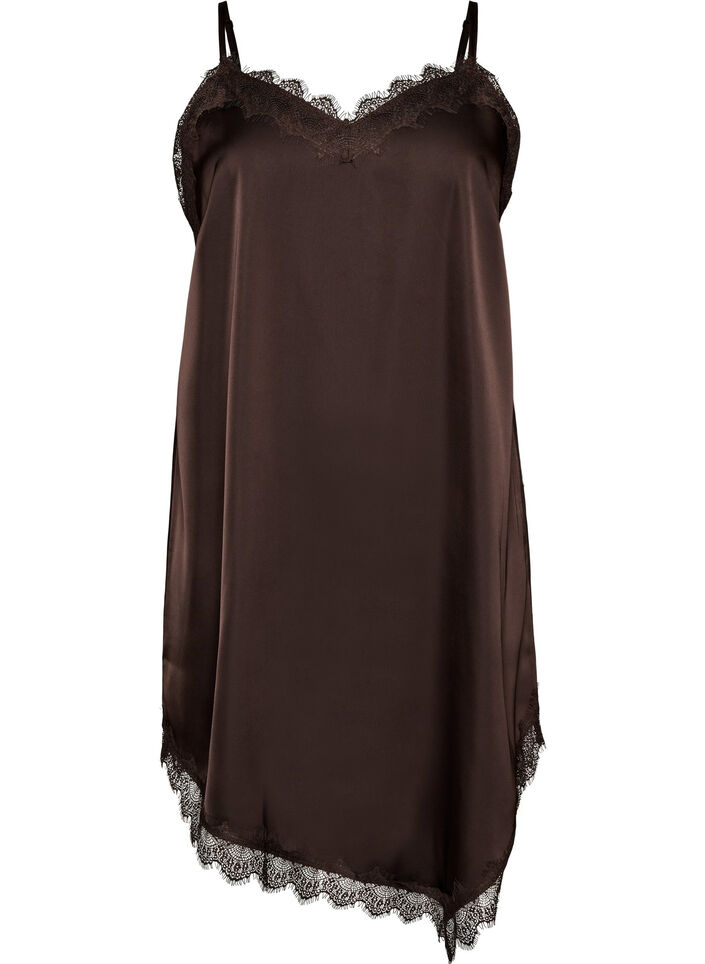 Satin-look dress with lace trim, Brown, Packshot image number 0