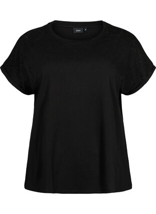 Loose t-shirt with embroidery anglaise, Black, Packshot image number 0