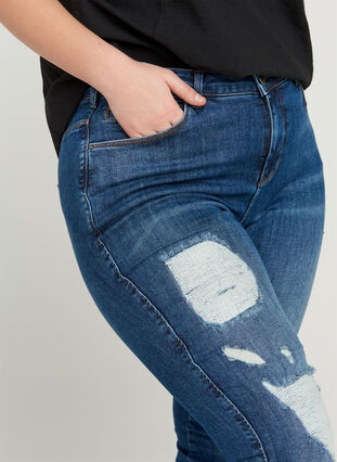 High-waisted Amy jeans with distressed look, Blue denim, Model image number 2
