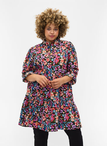 Floral tunic with long sleeves and zip details, Flower AOP, Model image number 0