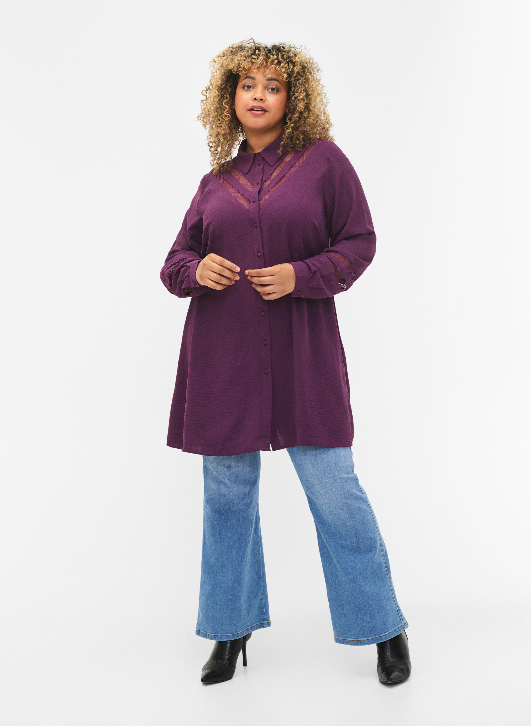 Zizzifashion Long shirt with lace details, Deep Purple, Model image number 2