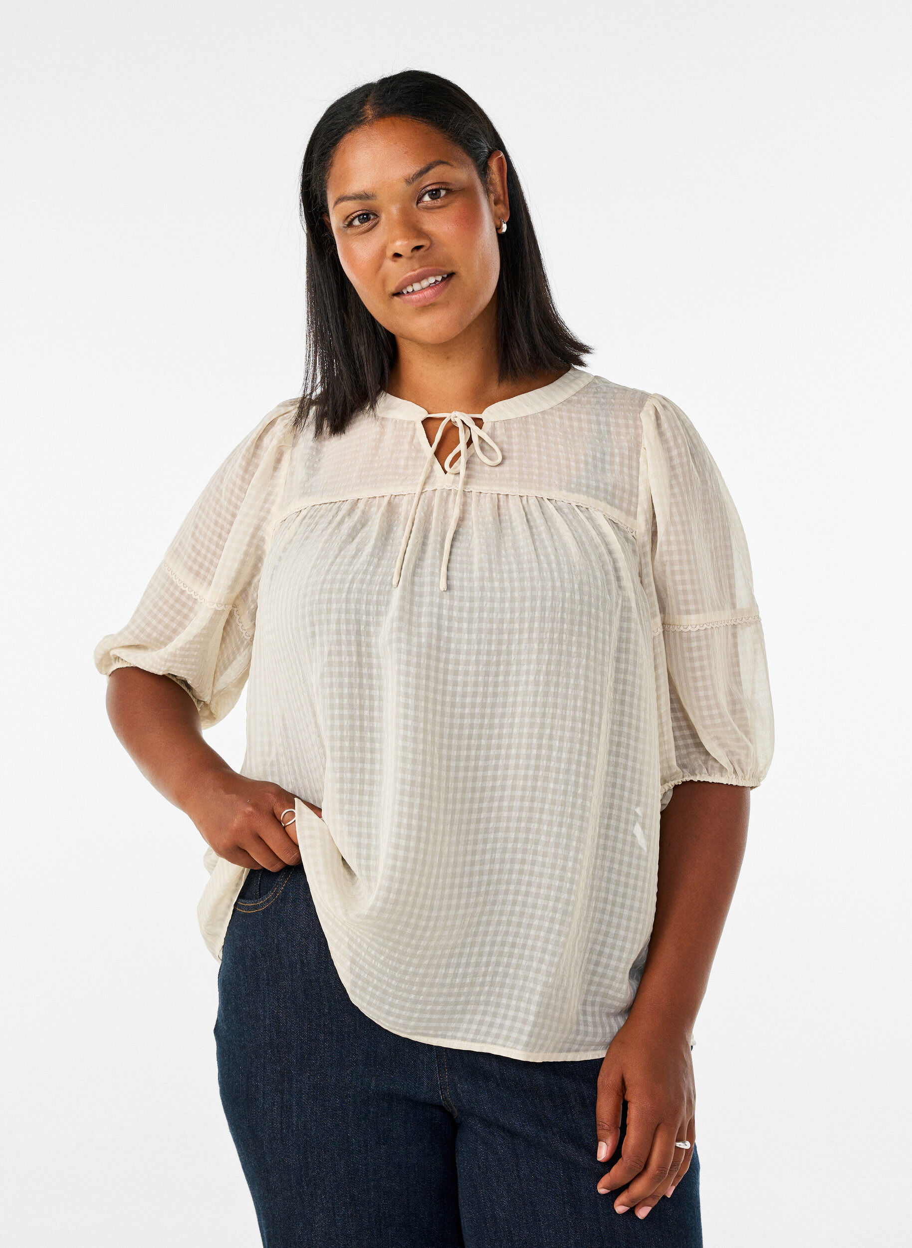 ZizzifashionBlouse in seersucker with tie-string, Beige, Model image number 0
