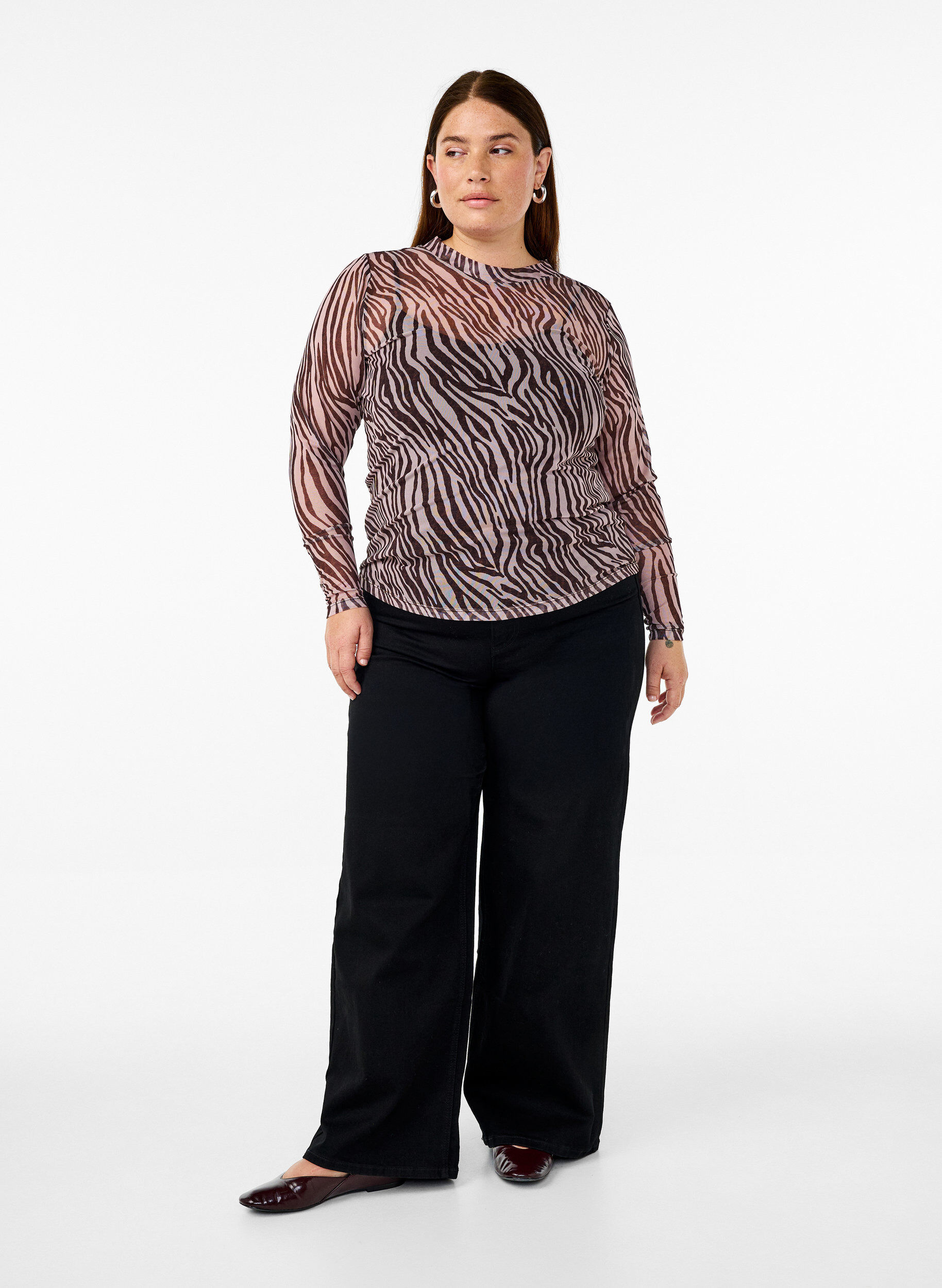 ZizzifashionMesh top with zebra print, Black, Model image number 1