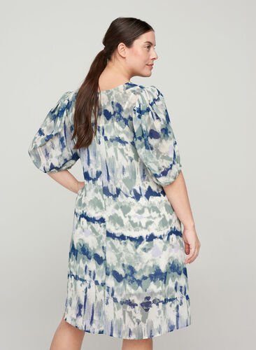 Printed dress with puff sleeves and v-neck, Chinois Green AOP, Model image number 1