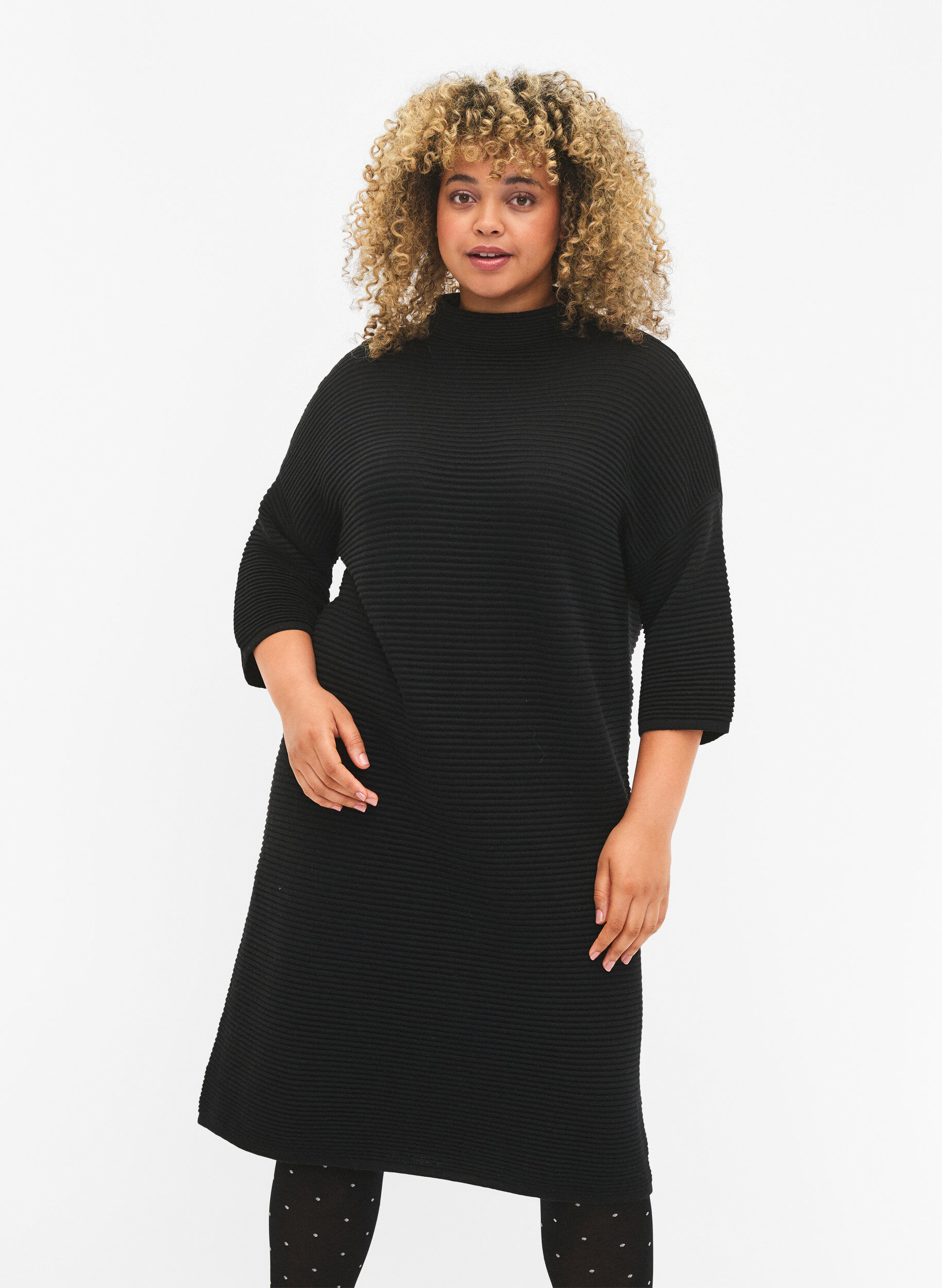 Zizzifashion Knit dress with cropped sleeves, Black, Model image number 0