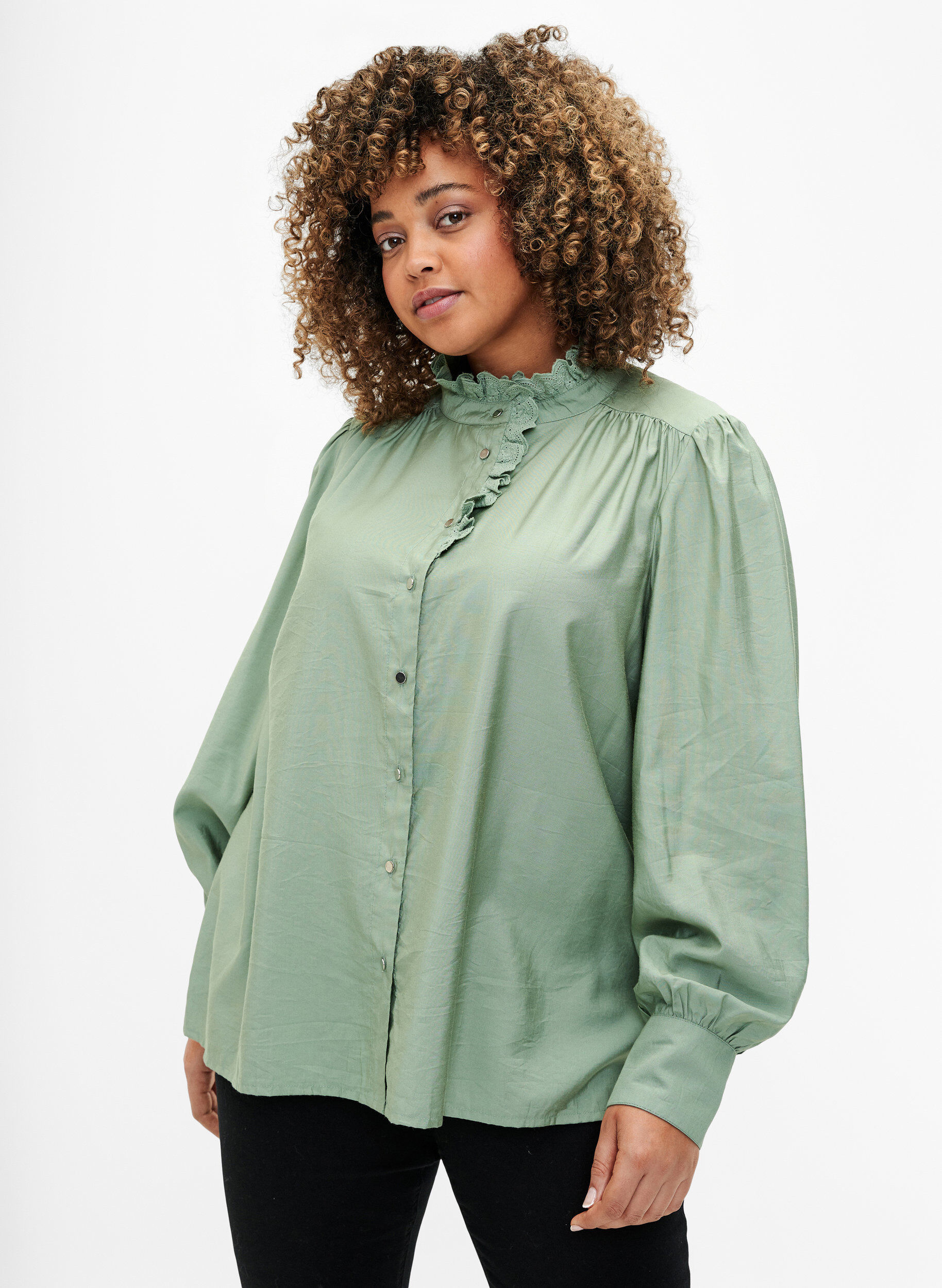 Zizzifashion Viscose shirt blouse with ruffles, Green Bay, Model image number 0