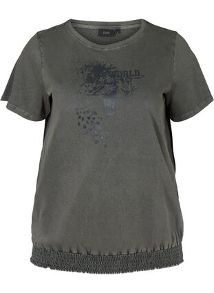 Short-sleeved t-shirt with acid wash and smock, Dark grey acid wash, Packshot image number 0
