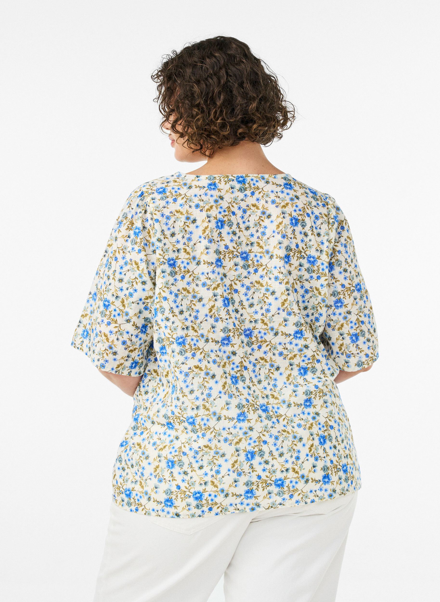 Zizzifashion Short-sleeved cotton shirt with a V-neck, Blue, Model image number 2