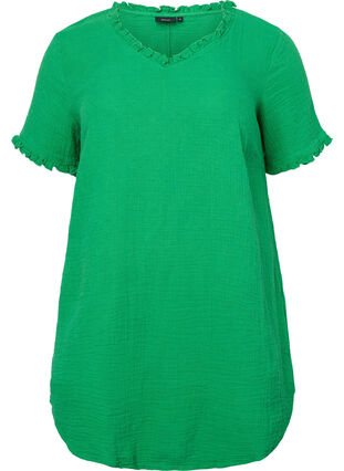 Short-sleeved cotton tunic with ruffles, Bright Green, Packshot image number 0