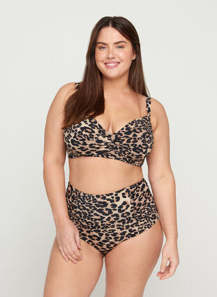 High-waisted bikini bottoms with floral print, Leopard Print, Model image number 0