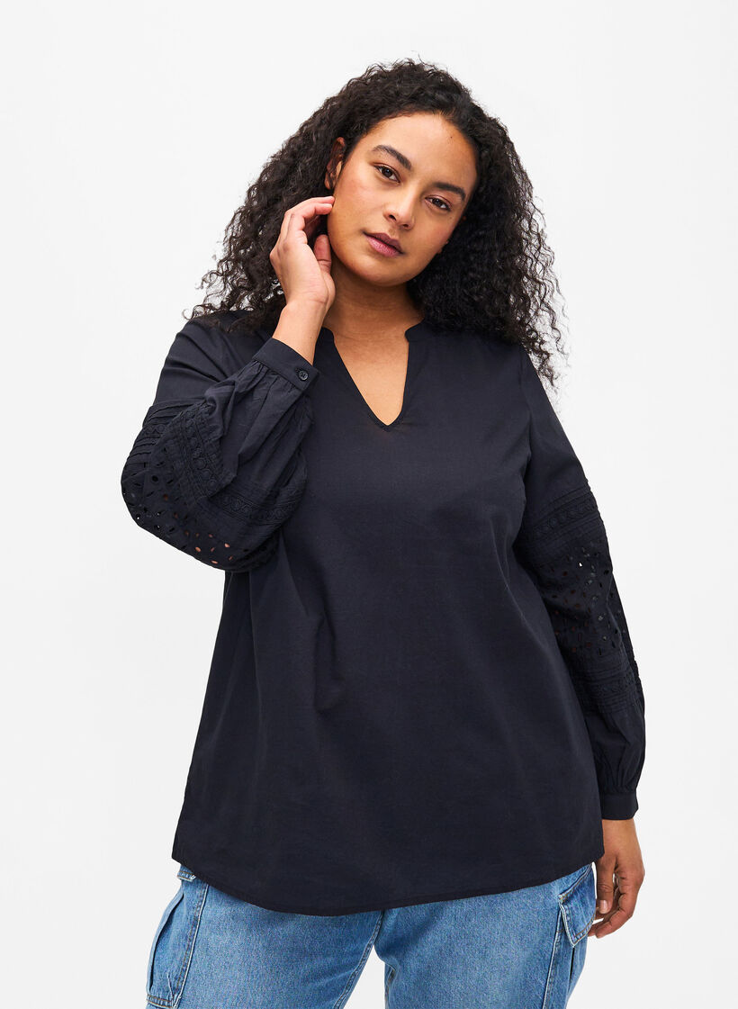 Long sleeve blouse with decorative details, Black, Model image number 0