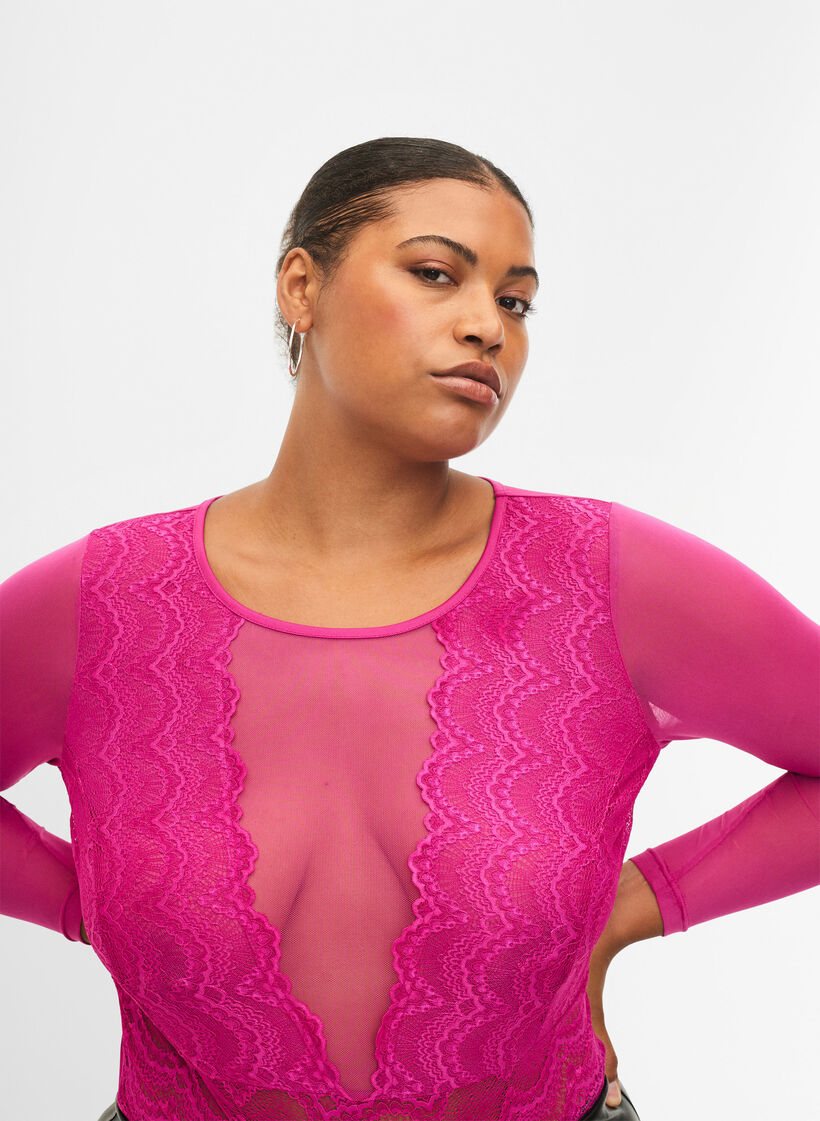 Bodystocking with lace and mesh, Fuchsia Red, Model image number 2