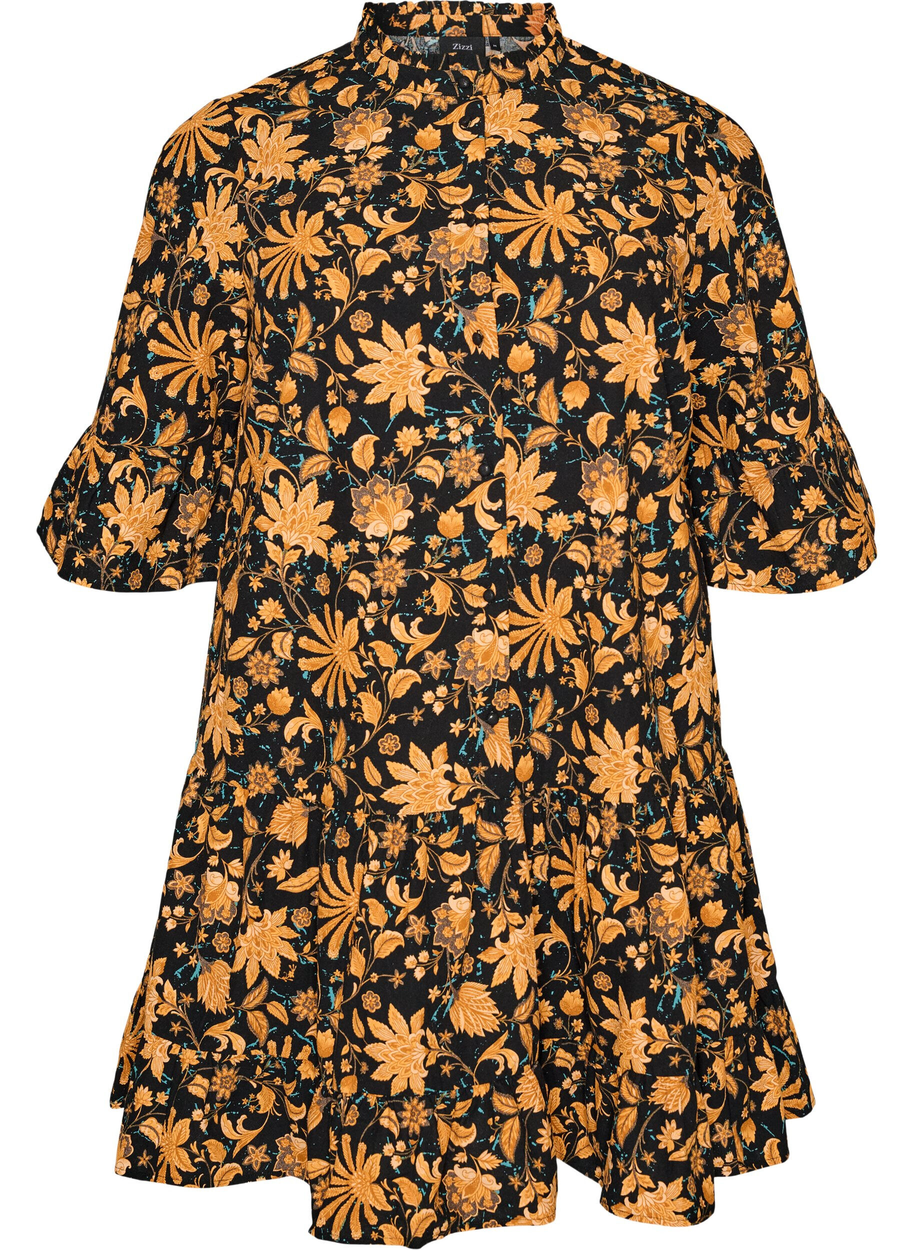 Zizzifashion Floral cotton dress with ruffle details and a loose A-line shape, Orange, Packshot image number 0