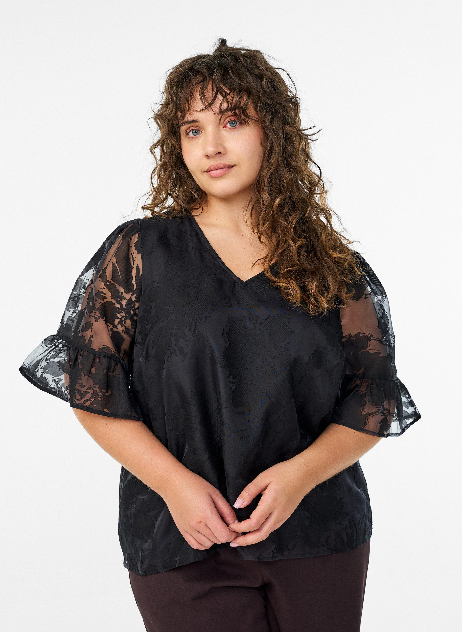 Organza-look party blouse with a tone-on-tone pattern, Black, Model