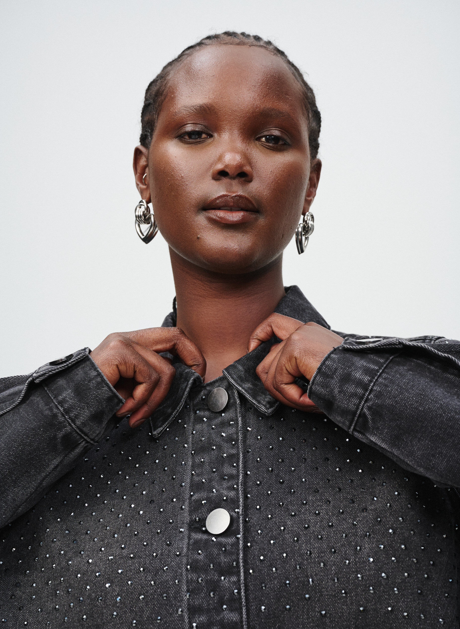 Zizzifashion Denim jacket with rhinestones and large front pockets, Grey, Image image number 0