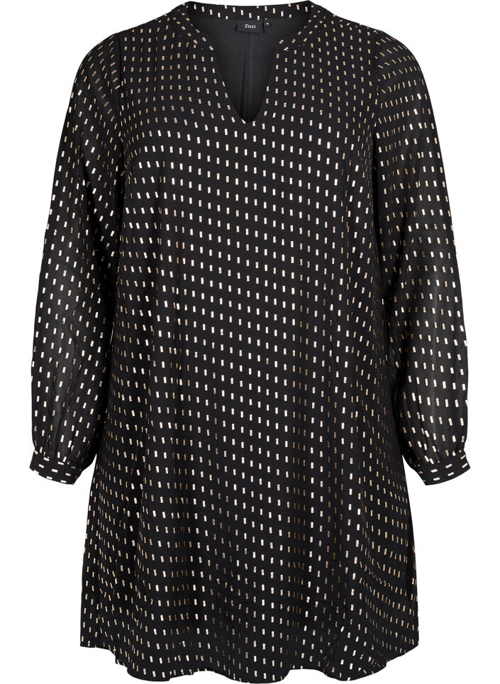 Long-sleeved dress with foil print, Black w. Gold, Packshot image number 0