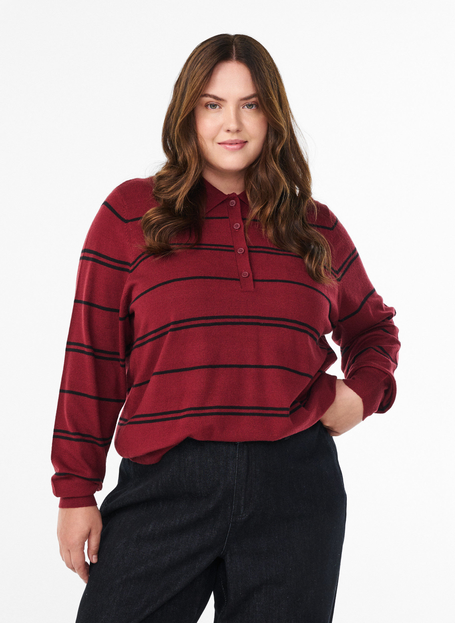 Knit blouse with collar, Red, Model