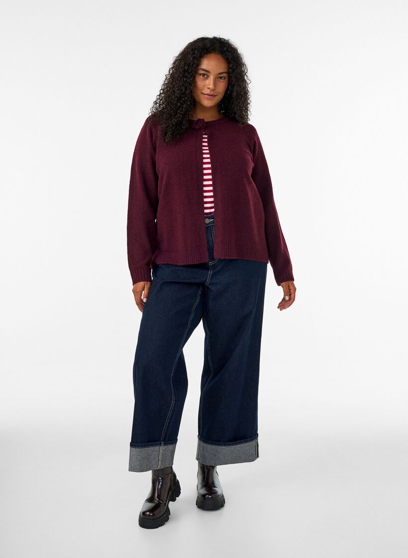Knitted cardigan with flower detail, Dark Bordeaux, Model image number 1