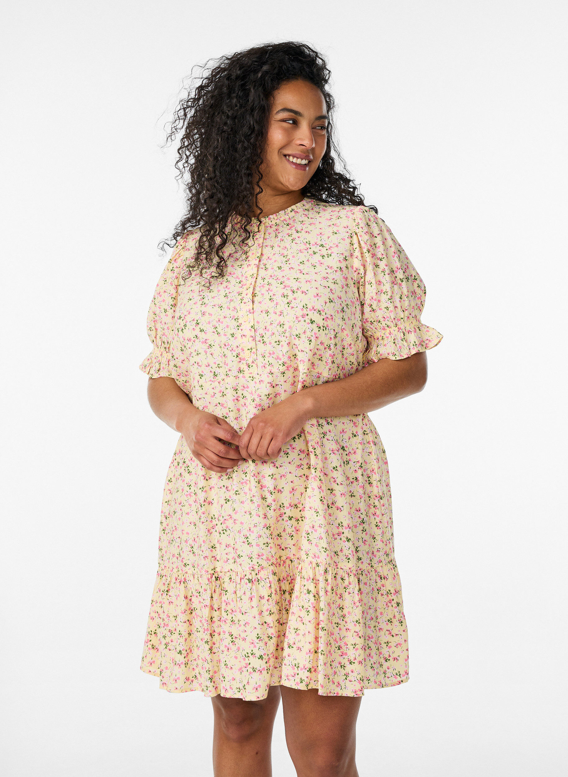 Zizzifashion Short viscose dress with ruffle details, Yellow, Model image number 0