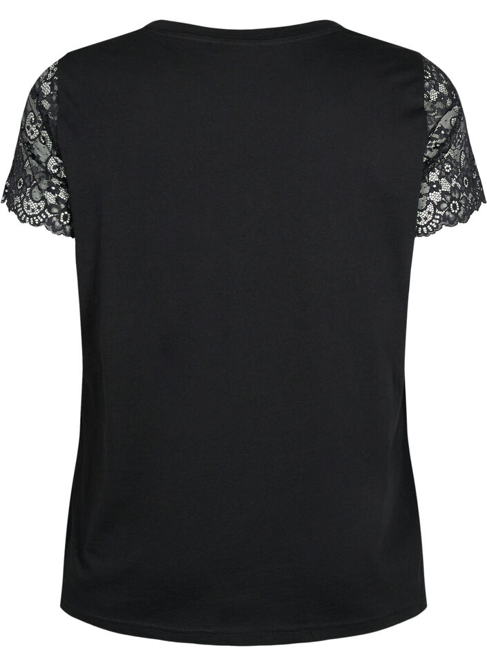 Cotton t-shirt with short lace sleeves, Black, Packshot image number 1