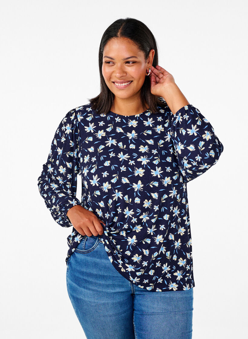 Blouse with long sleeves and floral print, Blue, Model image number 0