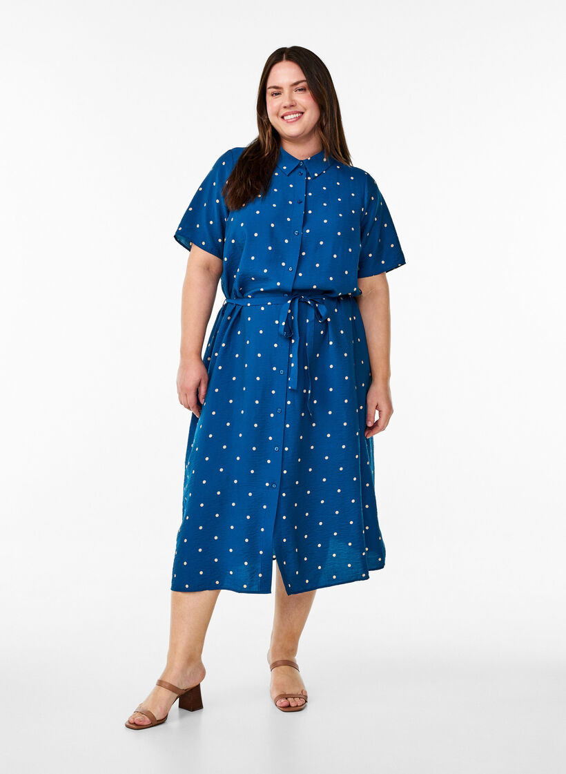Midi shirt dress with polka dots, Blue, Model image number 1
