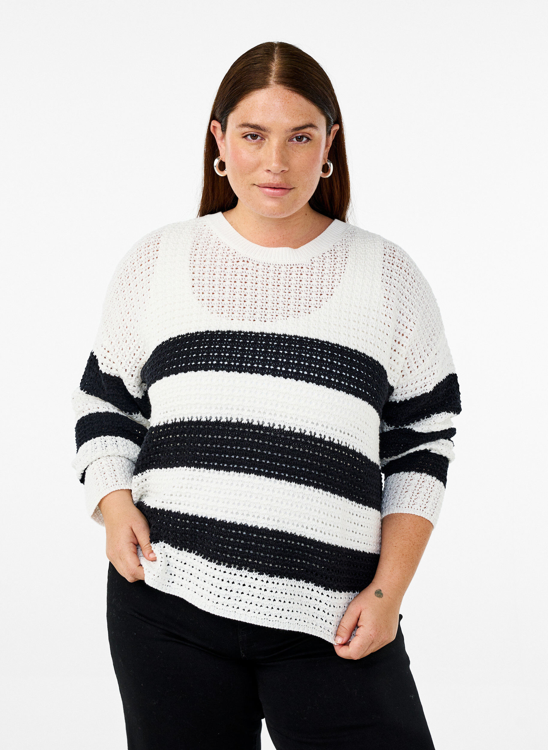 Zizzifashion Long-sleeved striped knitted blouse, Vanilla, Model image number 0