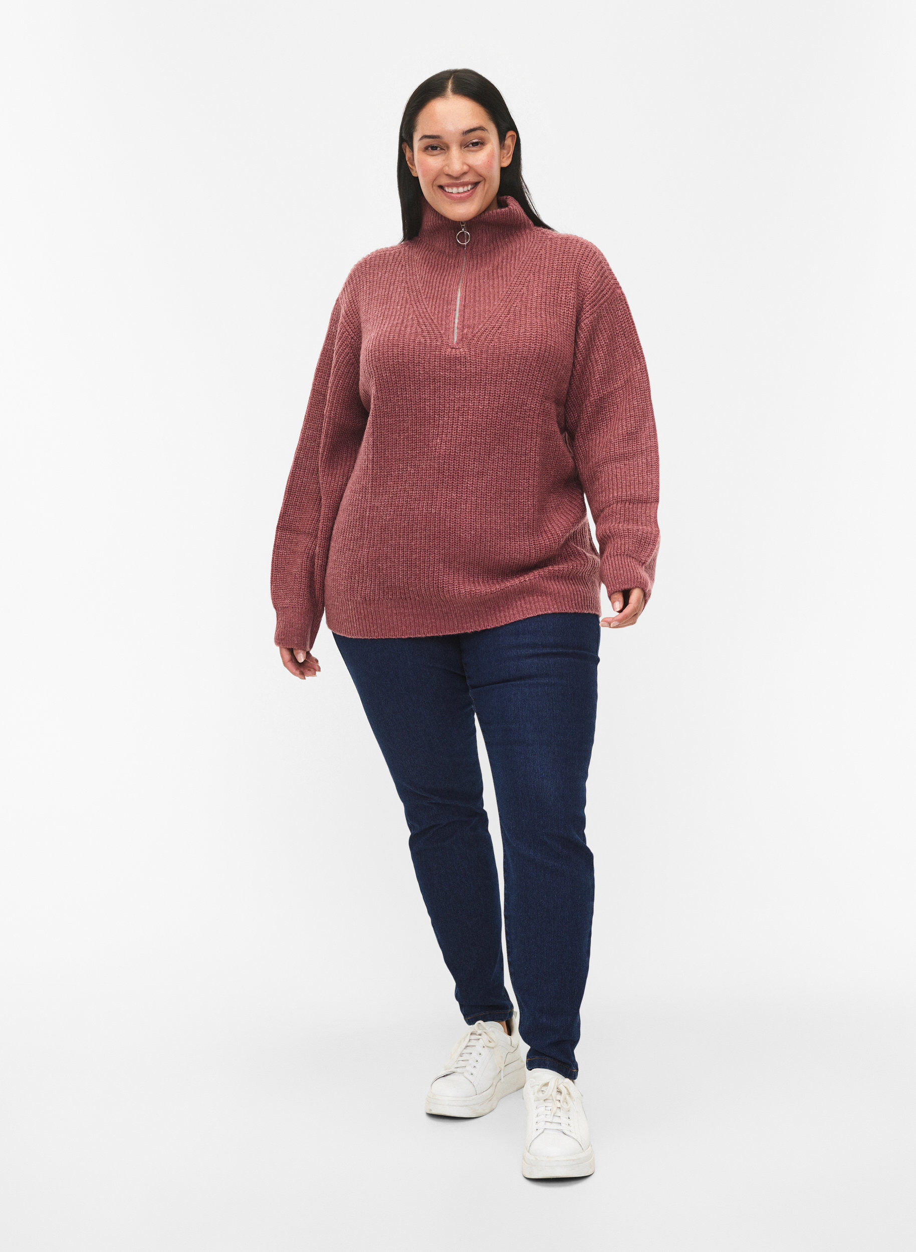 ZizzifashionKnitted sweater with high neck and zipper, Red, Model image number 1