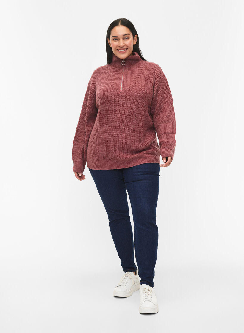 Knitted sweater with high neck and zipper, Red, Model image number 1