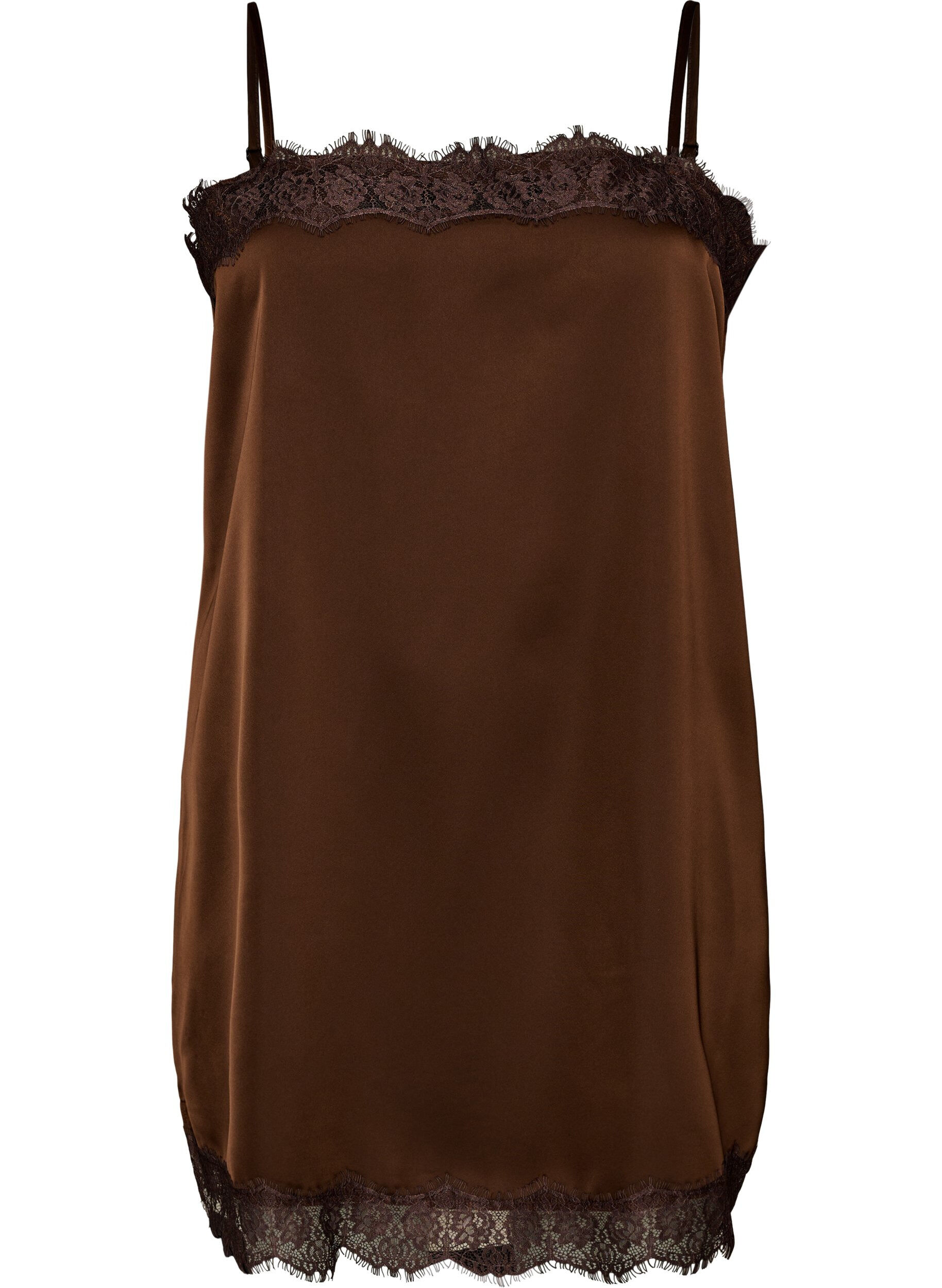 ZizzifashionLong satin top with lace edges, Brown, Packshot image number 0
