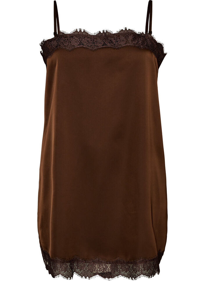 Long satin top with lace edges, Brown, Packshot image number 0