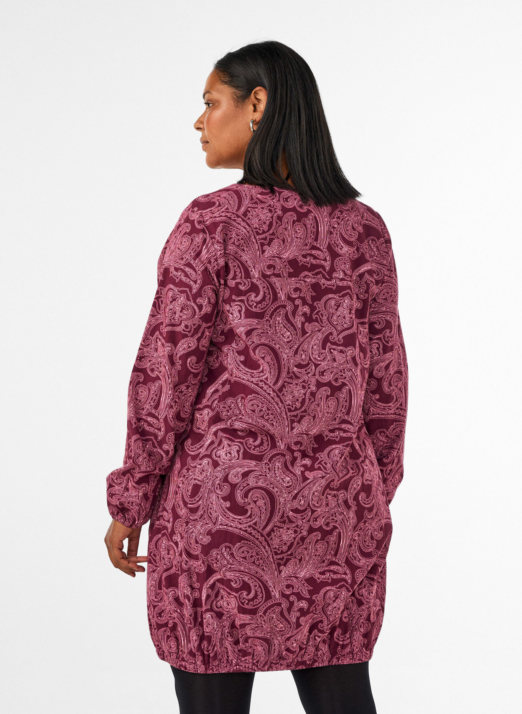 ZizzifashionShort cotton dress with an elasticated hem and long sleeves, Dark Bordeaux, Model image number 2