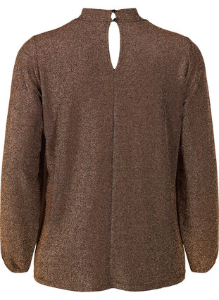 Long-sleeved glitter blouse with round neck and V-detail, Black Copper, Packshot image number 1