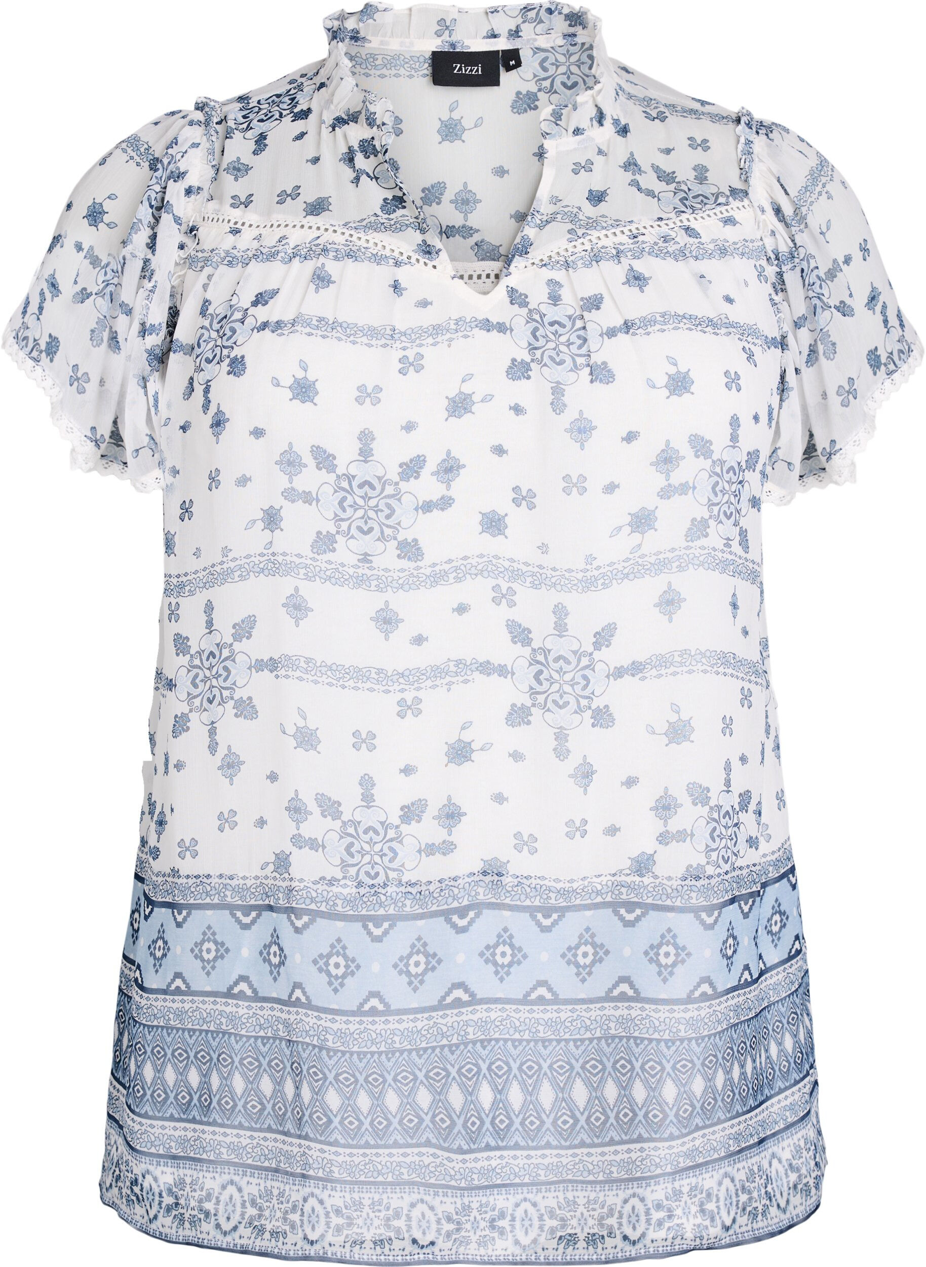 Zizzifashion Patterned blouse with ruffle detailing and short sleeves, White, Packshot image number 0