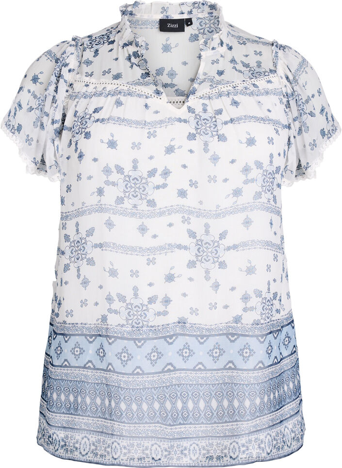 Patterned blouse with ruffle detailing and short sleeves, White, Packshot image number 0